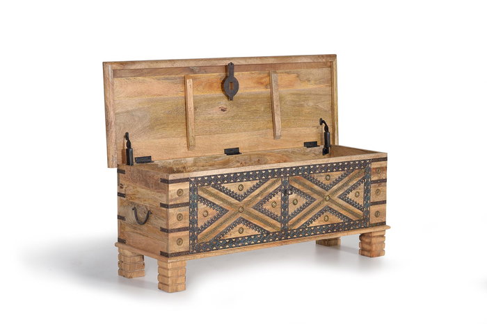 GINER Y COLOMER - Buffet en bois de manguier massif avec détails métal repoussé - Finition naturelle - 46 x 116 x 40 cm