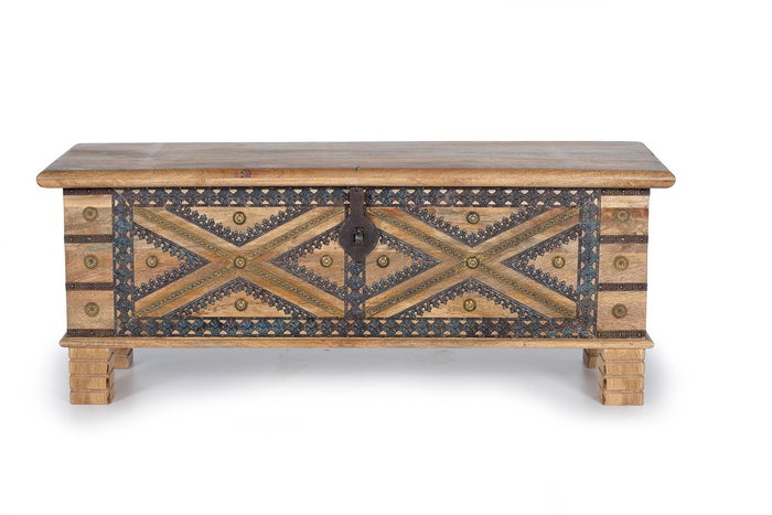 GINER Y COLOMER - Buffet en bois de manguier massif avec détails métal repoussé - Finition naturelle - 46 x 116 x 40 cm