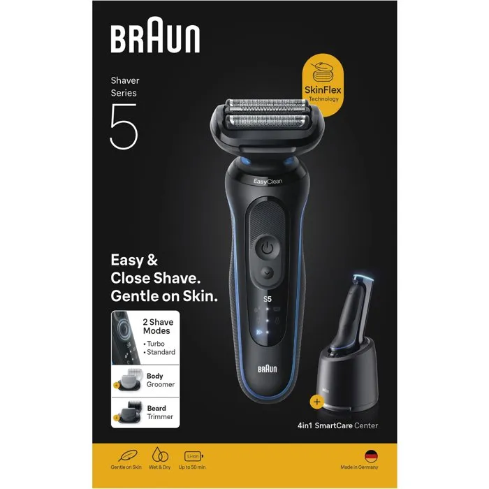 Braun Series 5 Rasoir électrique pour Homme - Noir et Bleu - Autonomie 50 min - Charge Rapide 5 min - Coffret avec Station de Nettoyage SmartCare