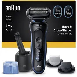 Braun Series 5 Rasoir électrique pour Homme - Noir et Bleu - Autonomie 50 min - Charge Rapide 5 min - Coffret avec Station de Nettoyage SmartCare