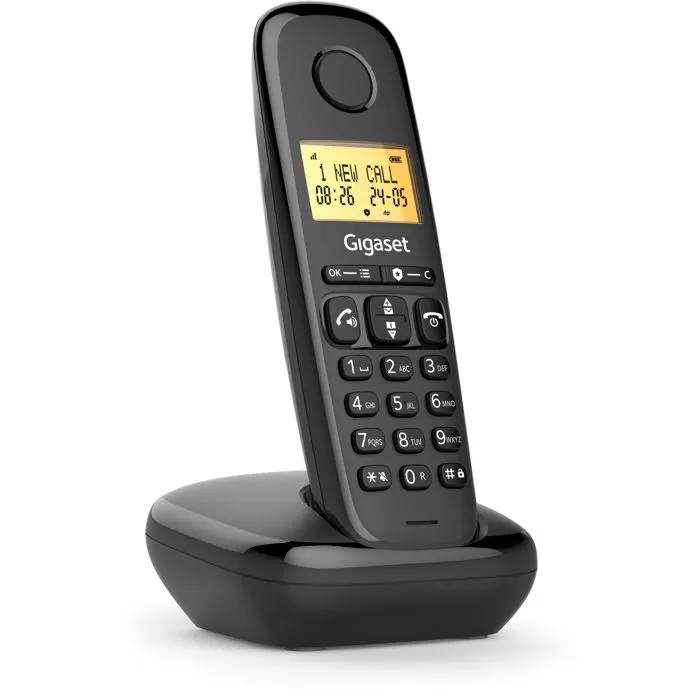 Gigaset BASIC 100 Noir - Téléphone sans fil mono avec écran LCD rétroéclairé 1.5", haut-parleur mains-libres, bloqueur d'appels et autonomie jusqu'à 190h