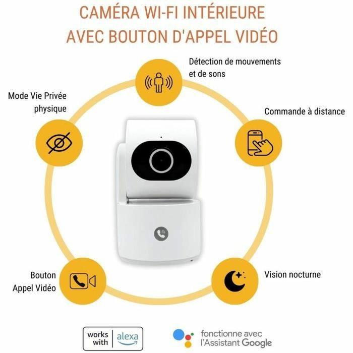 Konyks Camini Care 2 - Caméra de surveillance intérieure Wi-Fi avec sirène et bouton d'appel vidéo