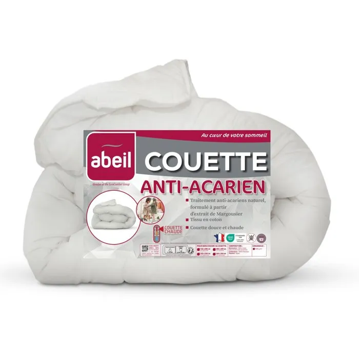 Abeil Couette Anti-Acariens 2 Personnes Blanc 220 x 240 cm - Chaude 400 g/m2 - Enveloppe 100% Coton - Lavable Machine - Certifiée OEKO-TEX
