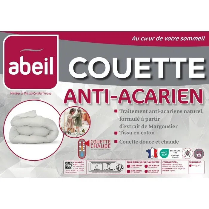 Abeil Couette Anti-Acariens 2 Personnes Blanc 220 x 240 cm - Chaude 400 g/m2 - Enveloppe 100% Coton - Lavable Machine - Certifiée OEKO-TEX