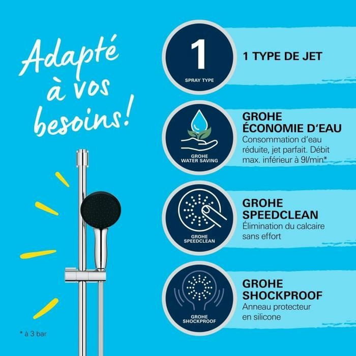 Grohe Vitalio Start 110 Ensemble de douche avec pommeau 1 jet, barre 60cm et flexible 1,75m - Chromé