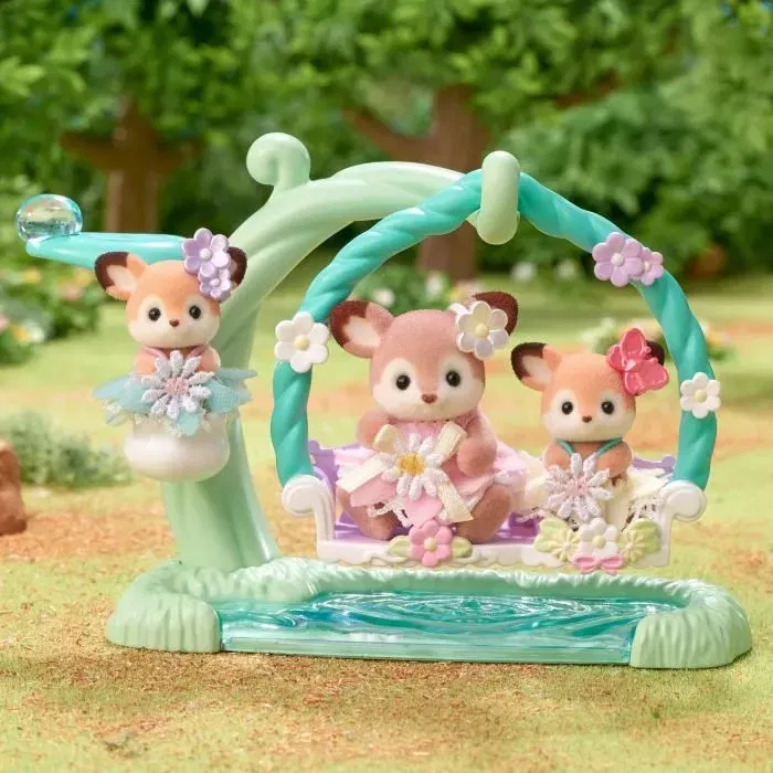 Sylvanian Families - 5801 - Set Bébés Biche et balancelle avec berceau, poupées articulées aux vêtements amovibles (couleur variable), jouet pour enfants dès 3 ans