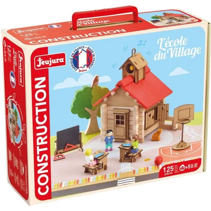 Jeujura - L'école du Village - Jeu de Construction en Bois - 125 Pièces - Valisette - À Partir de 5 Ans