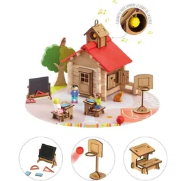 Jeujura - L'école du Village - Jeu de Construction en Bois - 125 Pièces - Valisette - À Partir de 5 Ans