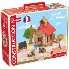 Jeujura - L'école du Village - Jeu de Construction en Bois - 125 Pièces - Valisette - À Partir de 5 Ans