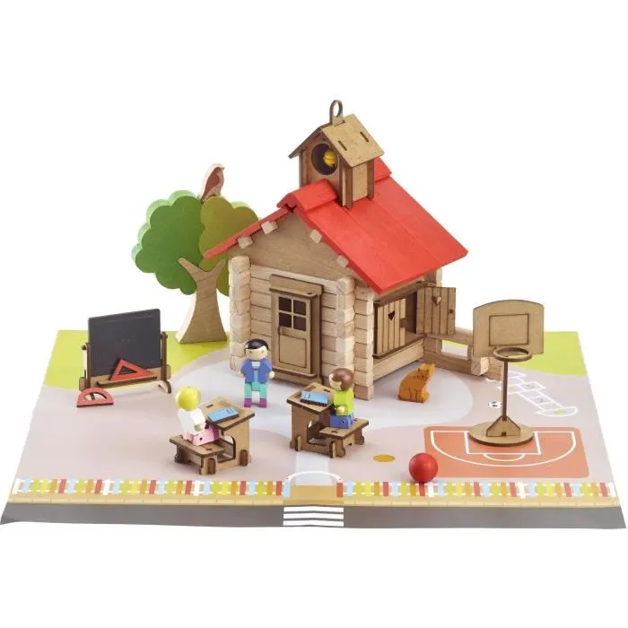 Jeujura - L'école du Village - Jeu de Construction en Bois - 125 Pièces - Valisette - À Partir de 5 Ans