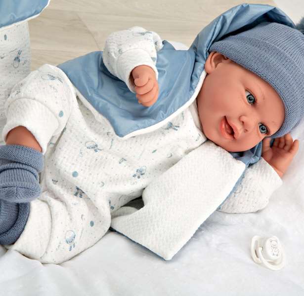 Muñecas Arias - Poupée Elegance 45 cm bleue avec sac à dos (poupée de poids) - Version espagnole