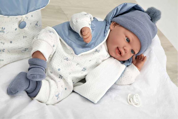 Muñecas Arias - Poupée Elegance 45 cm bleue avec sac à dos (poupée de poids) - Version espagnole
