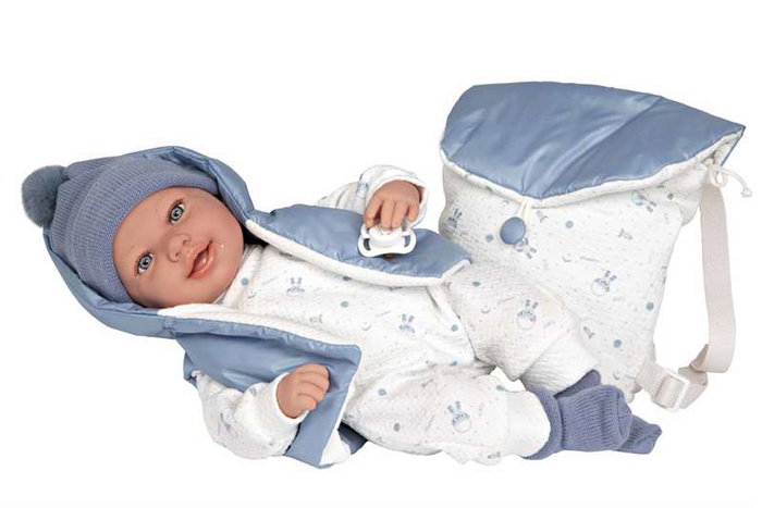 Muñecas Arias - Poupée Elegance 45 cm bleue avec sac à dos (poupée de poids) - Version espagnole
