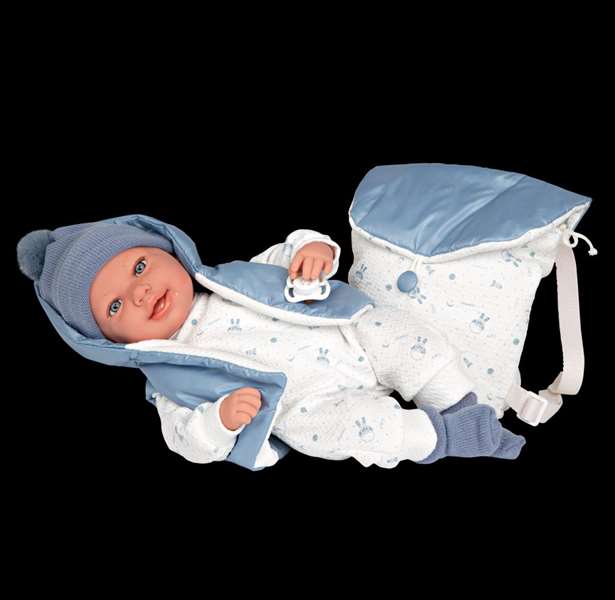 Muñecas Arias - Poupée Elegance 45 cm bleue avec sac à dos (poupée de poids) - Version espagnole