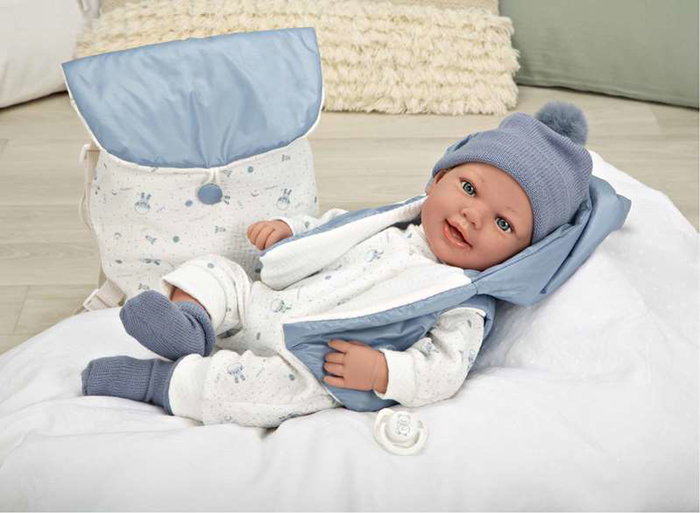 Muñecas Arias - Poupée Elegance 45 cm bleue avec sac à dos (poupée de poids) - Version espagnole