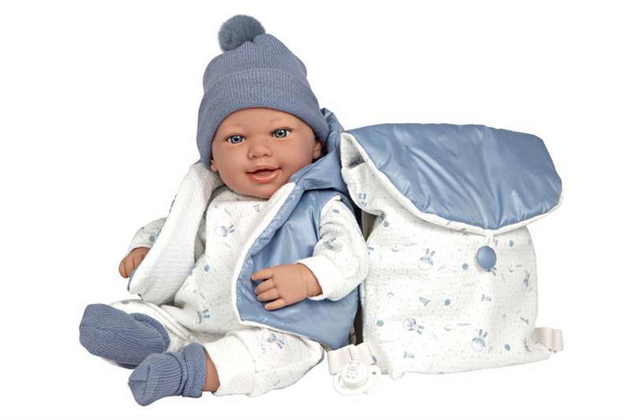 Muñecas Arias - Poupée Elegance 45 cm bleue avec sac à dos (poupée de poids) - Version espagnole