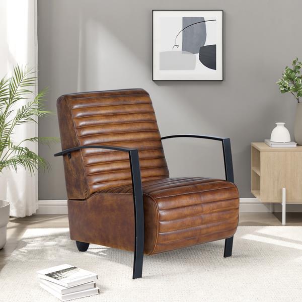 GINER Y COLOMER Fauteuil Style Industriel en Cuir Naturel Marron avec Structure Métal Noir - Dimensions 75x82x82 cm
