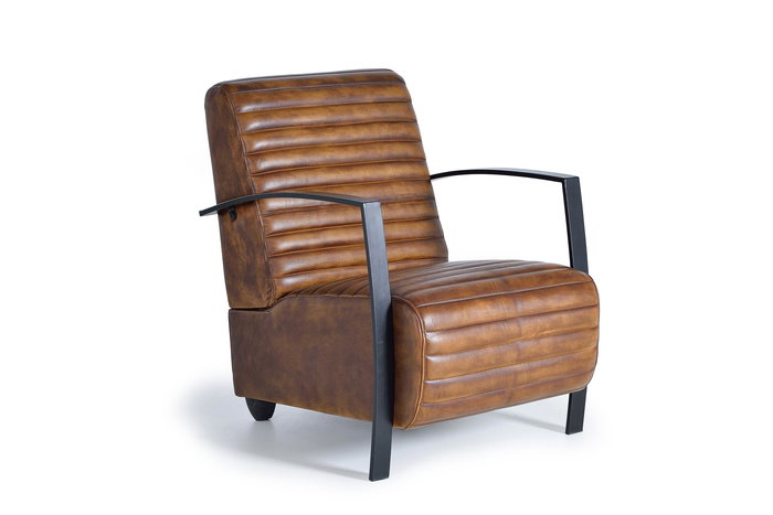 GINER Y COLOMER Fauteuil Style Industriel en Cuir Naturel Marron avec Structure Métal Noir - Dimensions 75x82x82 cm