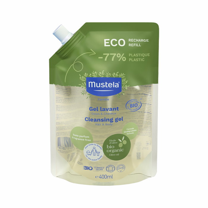 Mustela Recharge Gel-Shampoing BIO 400 ml - Nettoyage doux pour peaux sensibles, ingrédients naturels et bio