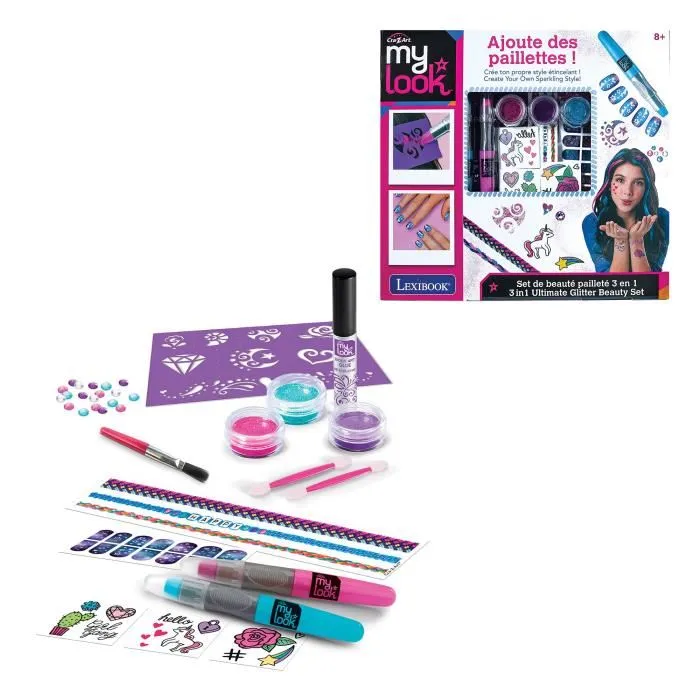 Crazart Lexibook - Kit de beauté et créatif 3 en 1 avec paillettes, stylos craie et tatouages pour enfants, accessoires cheveux, corps et ongles Crazart Lexibook - Kit de beauté et créatif 3 en 1 avec paillettes, stylos craie et tatouages pour enfants, accessoires cheveux, corps et ongles