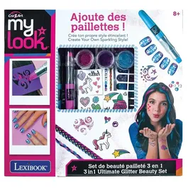 Crazart Kit de Beauté 3 en 1 Pailleté Lexibook - Stylos Craie Bleu et Rose, Tatouages, Pierres et Paillettes pour Cheveux, Corps et Ongles