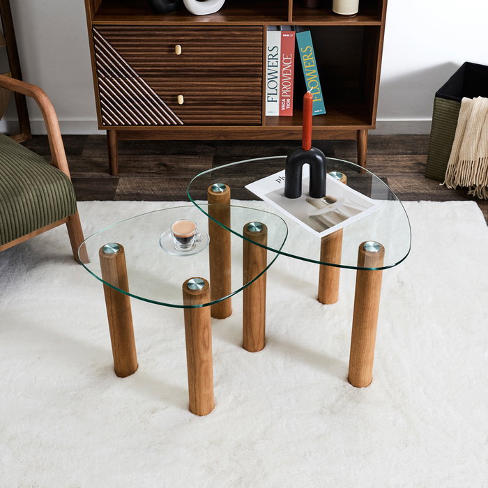 Home Deco Factory Ensemble de 2 tables gigognes irrégulières en verre et bois