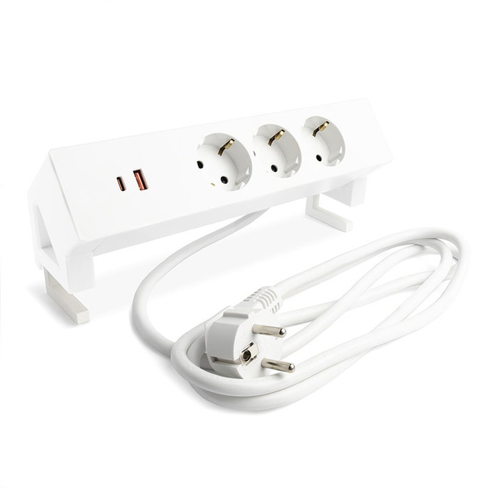 HERRAJES ALK Regleta Deks pour Bureau, 3 Prises + Ports USB A et C, 5V/3A, 3680W Max, Noir Mat ou Blanc Mat, Câble 1.95m