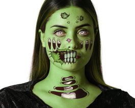 Tatouage facial de zombie avec dents vertes et os exposés