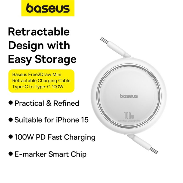 Baseus Free2Draw Câble de Charge Rétractable USB-C vers USB-C 100W 1m Blanc