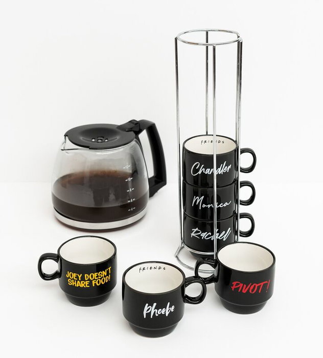 Friends - Set de 6 tasses en porcelaine 150 ml avec phrases emblématiques et porte-tasses - Lavable au lave-vaisselle et micro-ondes