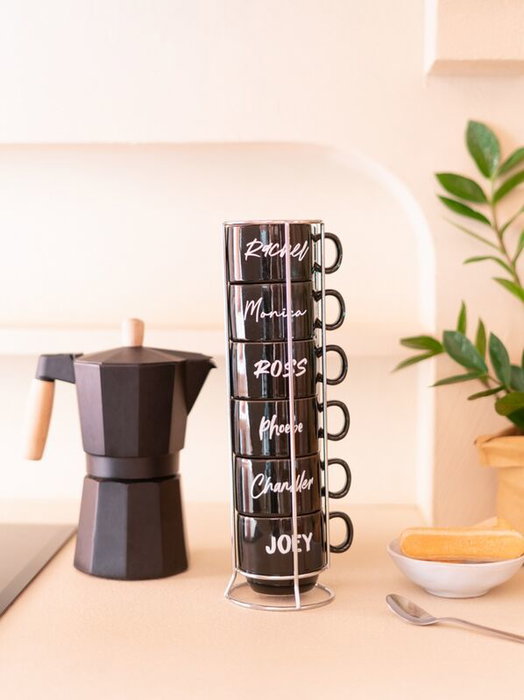 Friends - Set de 6 tasses en porcelaine 150 ml avec phrases emblématiques et porte-tasses - Lavable au lave-vaisselle et micro-ondes