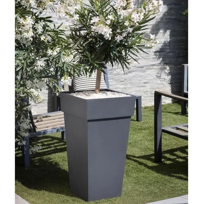 Eda - Pot de fleurs Toscane Carré XXL 43 cm 98 L Gris Anthracite - 43.3 * 43.3 * H. 80 cm - Traité Anti-UV et Ingelif - Garantie 7 Ans