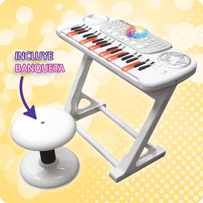 Deqube Clavier électronique avec boule disco et tabouret - 37 touches, 8 instruments, 8 rythmes, apprentissage avec lumières, enregistrement, multilingue