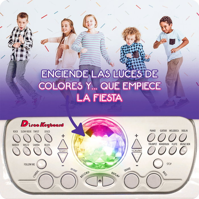 Deqube Clavier électronique avec boule disco et tabouret - 37 touches, 8 instruments, 8 rythmes, apprentissage avec lumières, enregistrement, multilingue