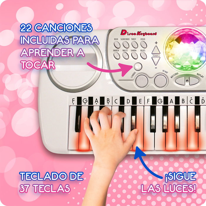 Deqube Clavier électronique avec boule disco et tabouret - 37 touches, 8 instruments, 8 rythmes, apprentissage avec lumières, enregistrement, multilingue