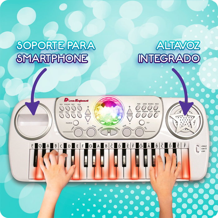 Deqube Clavier électronique avec boule disco et tabouret - 37 touches, 8 instruments, 8 rythmes, apprentissage avec lumières, enregistrement, multilingue