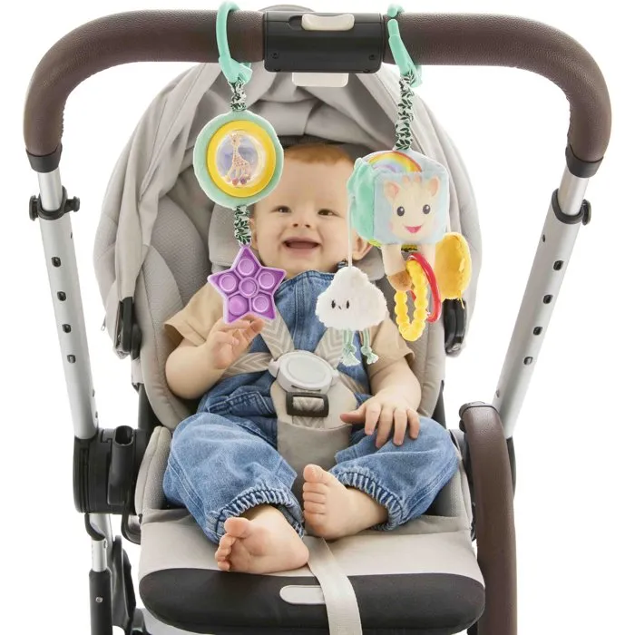 Sophie La Girafe - Duo sensoriel de jouets d'éveil à suspendre avec boule à billes, étoile pop-it, cube textures, miroir et grelot - Multi-activités pour bébé