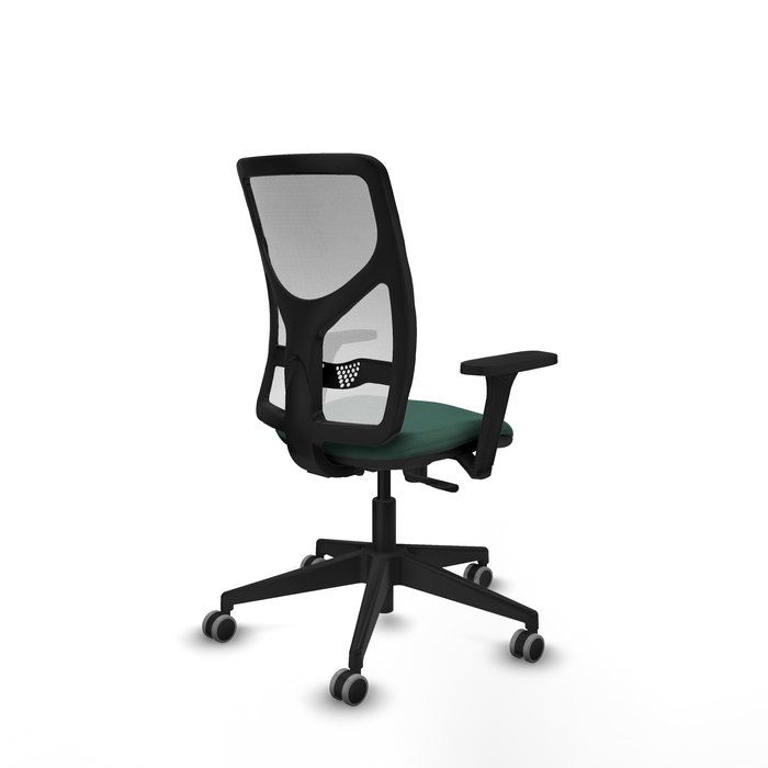 Chaise Motilla Synchro 3 positions tissu Vert foncé Maille Blanc Base pyramidale noire Accoudoir 3D Sans appui-tête Roulettes 65mm pour moquette