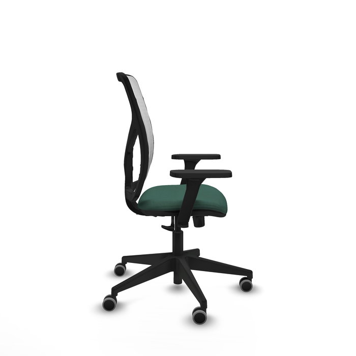 Chaise Motilla Synchro 3 positions tissu Vert foncé Maille Blanc Base pyramidale noire Accoudoir 3D Sans appui-tête Roulettes 65mm pour moquette