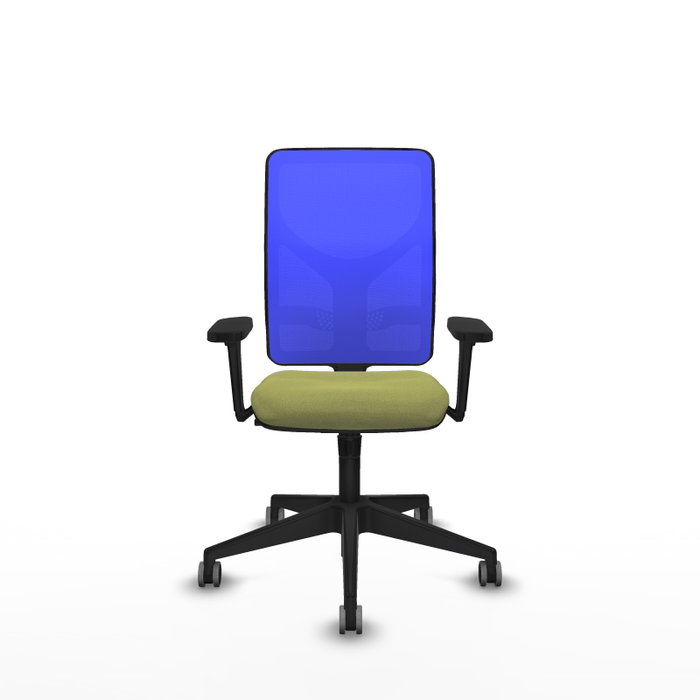 Chaise Motilla Synchro 3 positions tissu Vert olive Maille Bleu Base pyramidale noire Accoudoir 3D Sans appui-tête Roulettes 65mm pour moquette