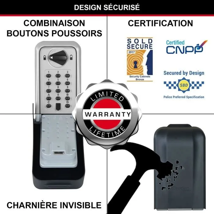 Master Lock Coffre-fort à clés certifié CNPP, format XL, combinaison programmable, construction zinc renforcée, kit de montage inclus, idéal Airbnb, gris et noir