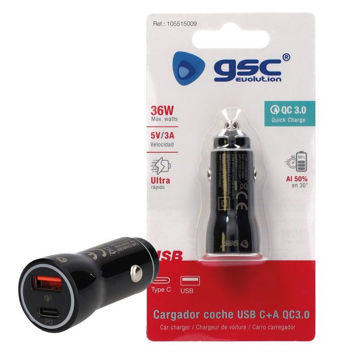 GSC Evolution Chargeur de voiture USB C + A QC 3.0 GSC Evolution Chargeur de voiture USB C + A QC 3.0