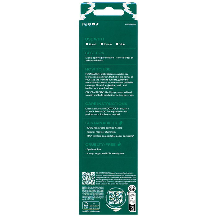 EcoTools Pinceau de Maquillage Double Usage BLEND + CONCEAL - Fond de Teint et Anti-Cernes - 2 en 1 - Finition Pro - Végans et Sans Cruauté