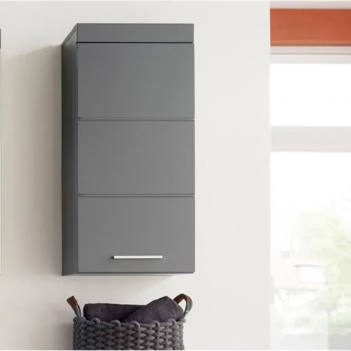 Trendteam - Meuble de salle de bain haut 1 porte Gris brillant en mélamine - 1 étagère - L 37 x H 77 x P 23 cm Trendteam - Meuble de salle de bain haut 1 porte Gris brillant en mélamine - 1 étagère - L 37 x H 77 x P 23 cm