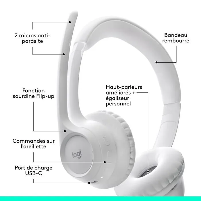 Logitech Zone 300 - Casque Bluetooth sans fil avec microphone anti-parasite et autonomie 20h - Blanc Logitech Zone 300 - Casque Bluetooth sans fil avec microphone anti-parasite et autonomie 20h - Blanc
