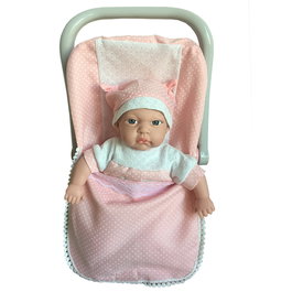 Tachan - Poupée corps souple 30 cm avec sac de couchage rose bébé, 12 sons différents (Anglais, Français, Allemand, Italien, Portugais, Espagnol)