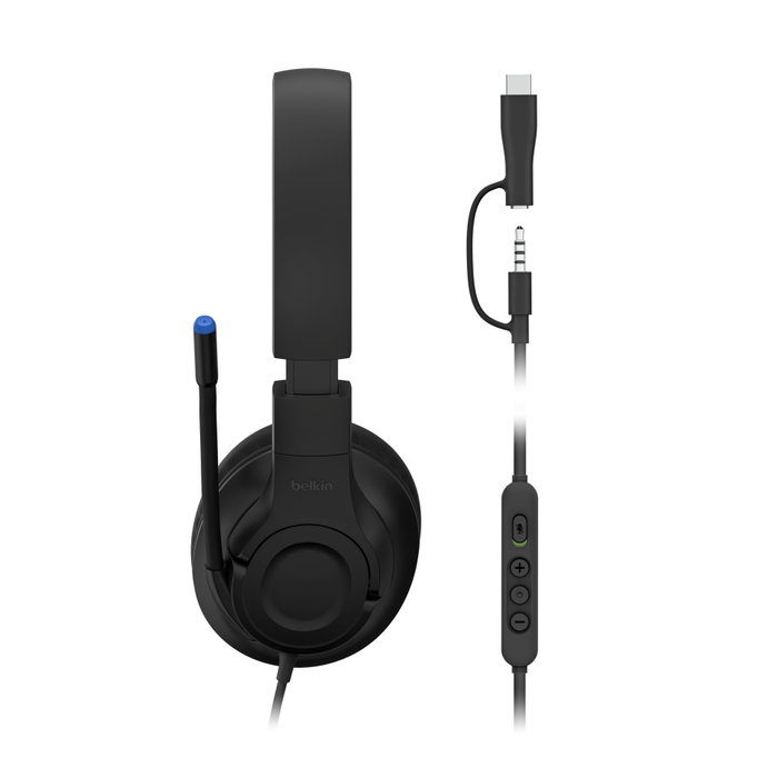 Belkin Inspire Casque Audio Enfant Filaire Noir avec Microfoldable Boom Mic et Adaptateur USB-C/3,5 mm Belkin Inspire Casque Audio Enfant Filaire Noir avec Microfoldable Boom Mic et Adaptateur USB-C/3,5 mm