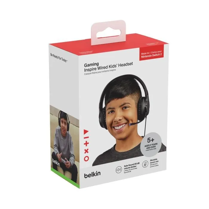 Belkin Inspire Casque audio filaire pour enfants avec limitation de volume à 85 dB - Compatible Nintendo Switch 2 - Noir