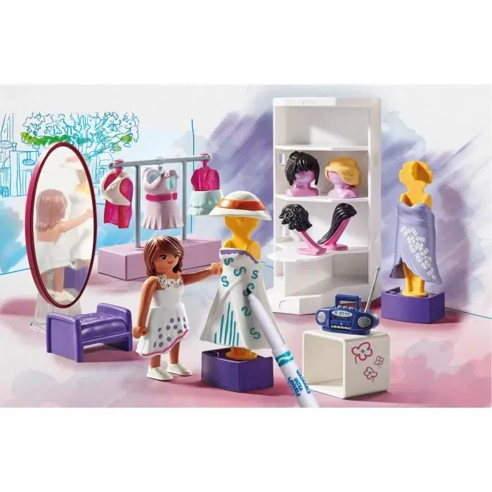 Playmobil Atelier de styliste Color - Jeu créatif avec feutres Crayola lavables - Personnage, vêtements, perruques et accessoires à colorier - Mixte - À partir de 5 ans