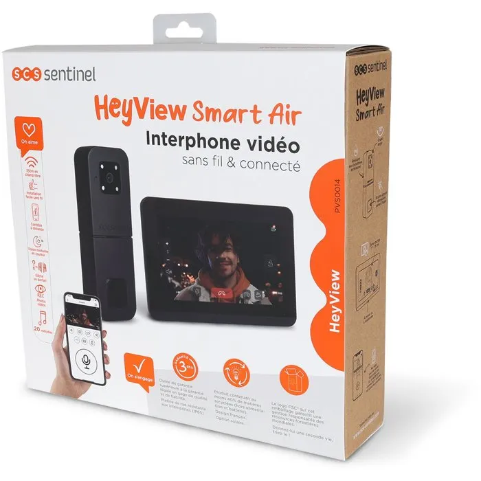 SCS SENTINEL - Interphone vidéo sans fil connecté HeyView Smart Air avec moniteur intérieur 7" (128 Mo, Wi-Fi 2.4/5 GHz, 868 MHz)